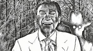 A chilling image captures Evangelist Kenneth Copeland with a sinister smile, almost demonic in nature. In the background, a church looms ominously, while a creepy spectre hovers, adding an eerie atmosphere to the scene. The image portrays a sense of darkness and malevolence, reflecting the unsettling nature of the story.