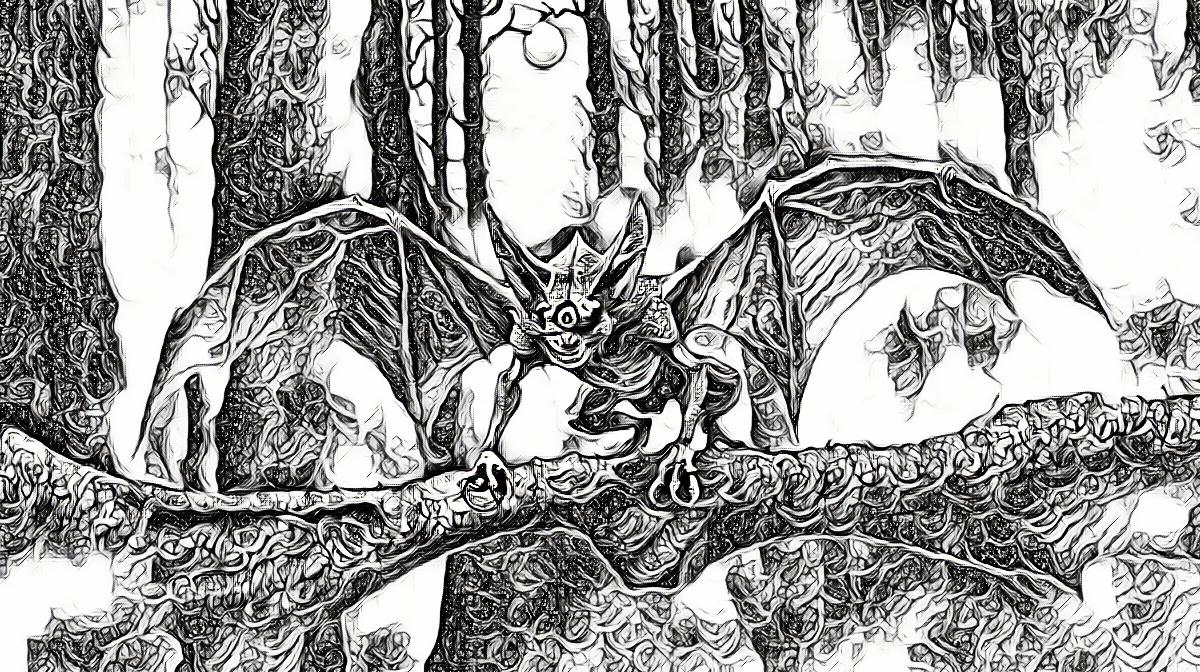 A mysterious creature resembling a bat-human hybrid perches on a tree branch in a dark forest at night."