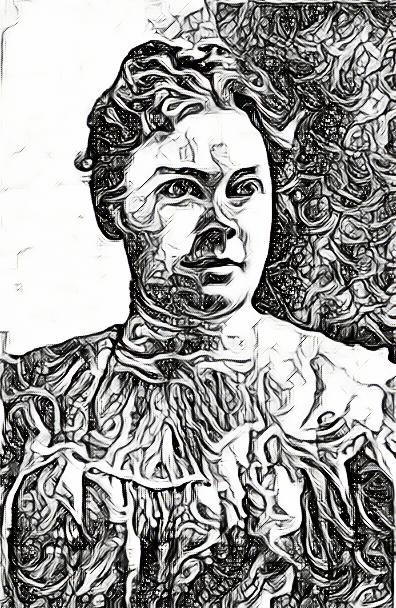 "Portrait of Lizzie Borden in a simple white lace dress, captured from the shoulders up."
